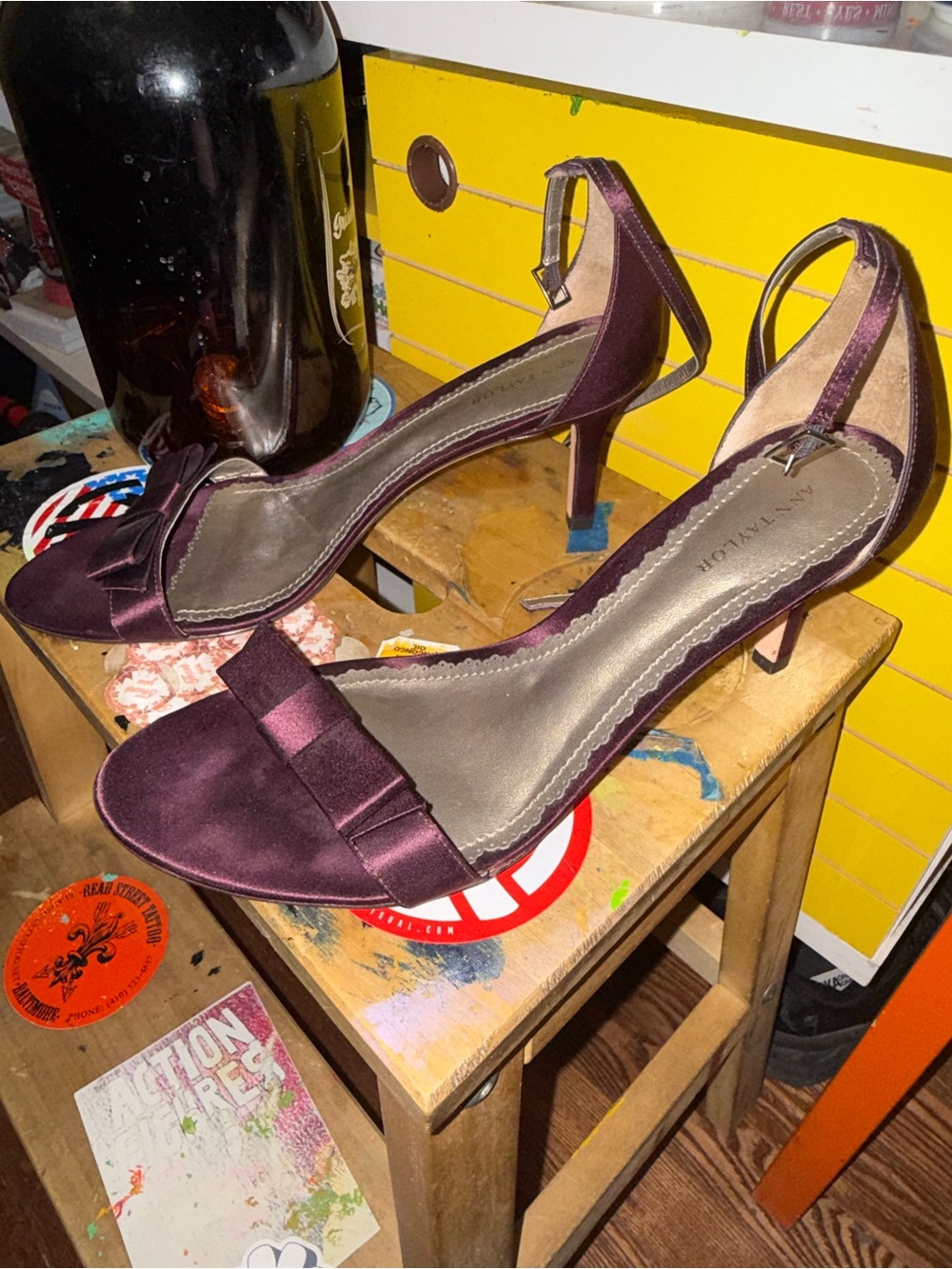 Ann Taylor Satin Bow Ankle-Strap Heels in Plum